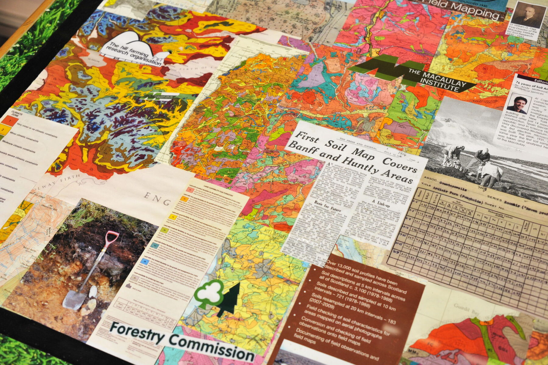 A brightly coloured collage of various soil maps sitting on a board at The James Hutton Institute